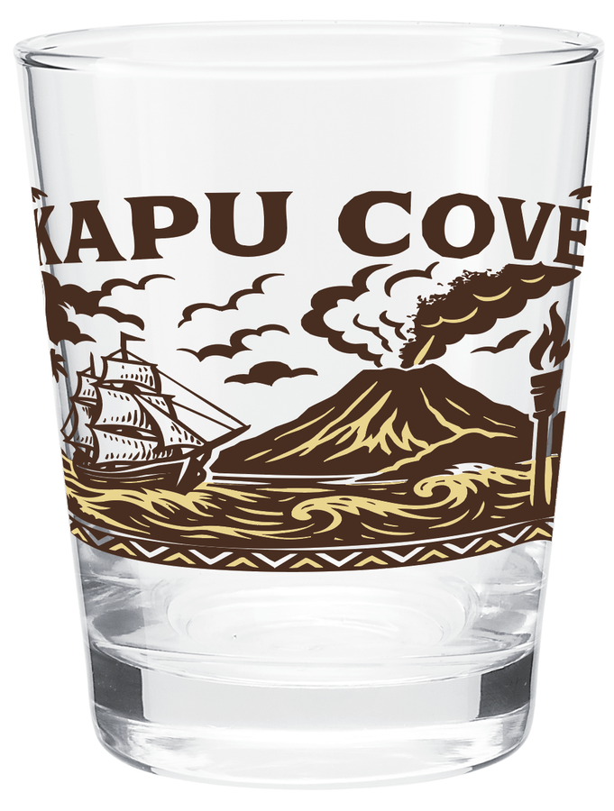 Limited First Edition Kapu Cove Mai Tai Glass, two-color screen print of a ship, volcano and tiki torch